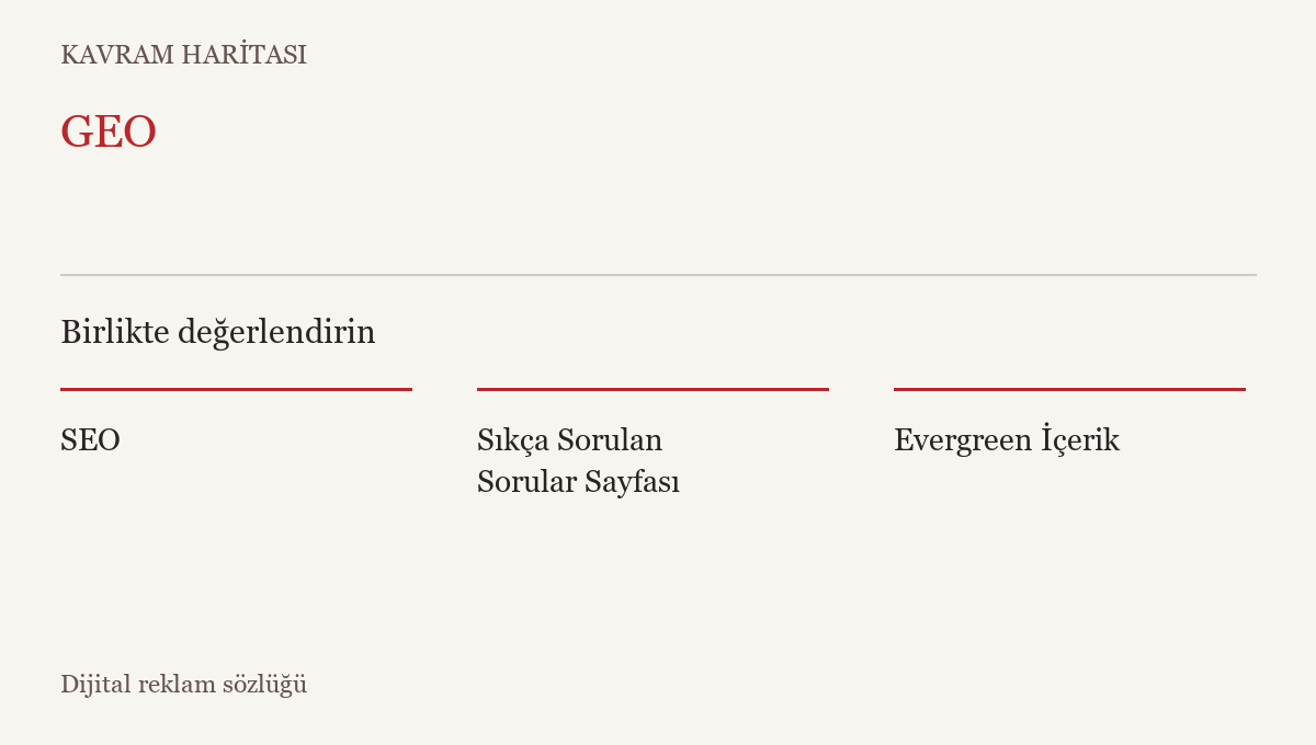 GEO ile ilişkili kavramlar: SEO, Sıkça Sorulan Sorular Sayfası, Evergreen İçerik