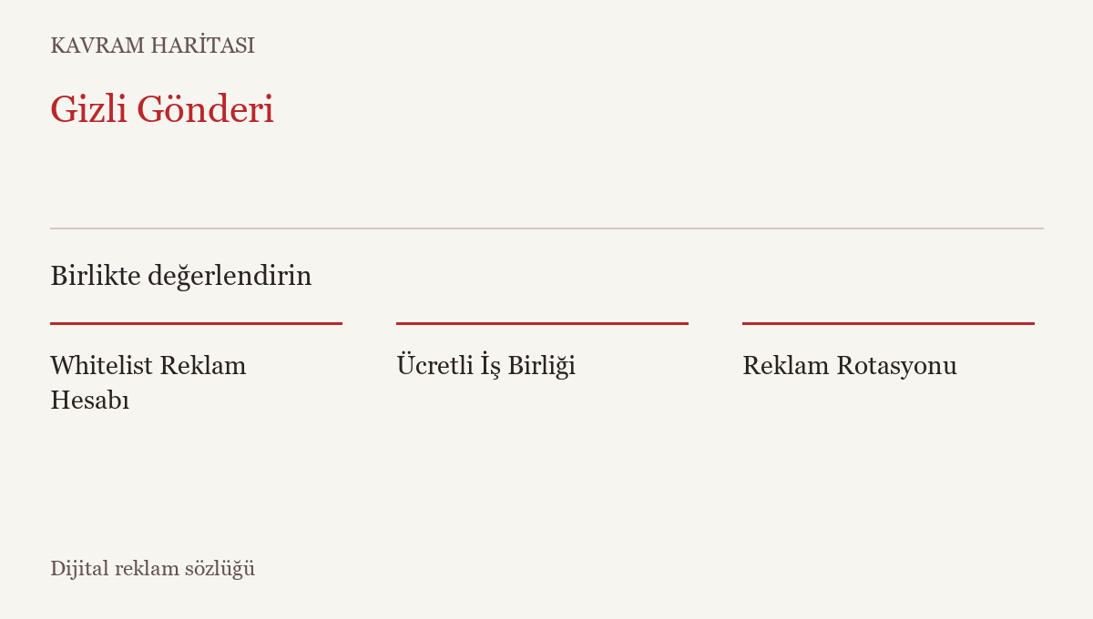 Gizli Gönderi ile ilişkili kavramlar: Whitelist Reklam Hesabı, Ücretli İş Birliği, Reklam Rotasyonu