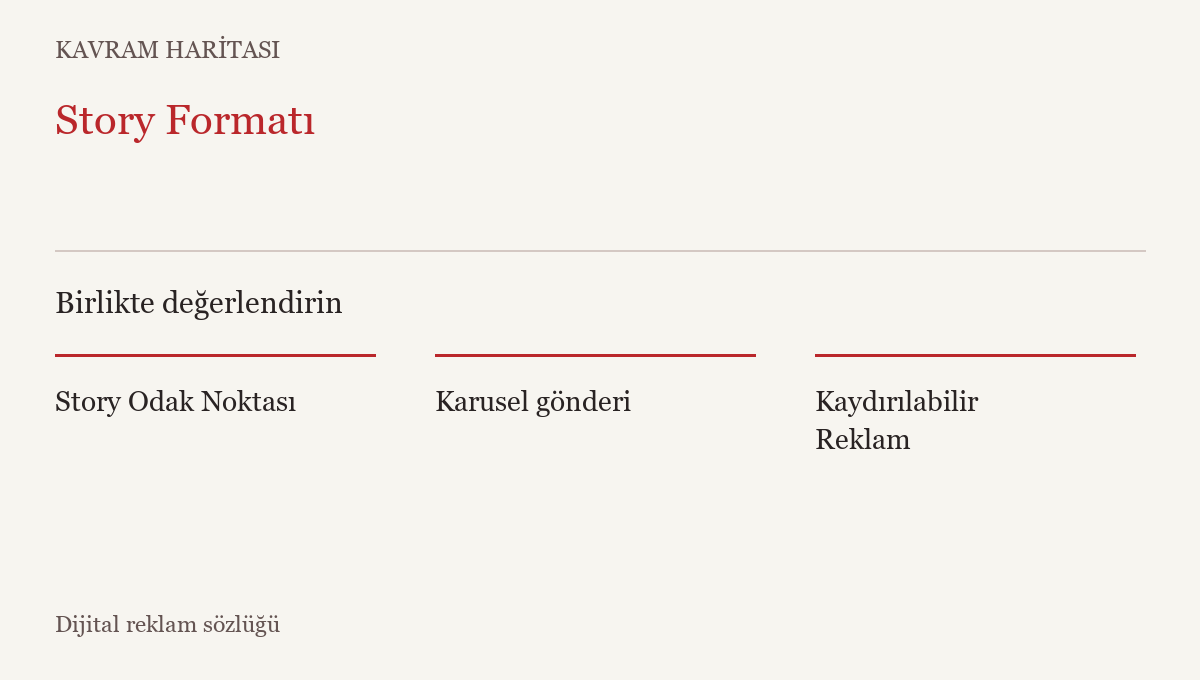 Story Formatı ile ilişkili kavramlar: Story Odak Noktası, Karusel gönderi, Kaydırılabilir Reklam